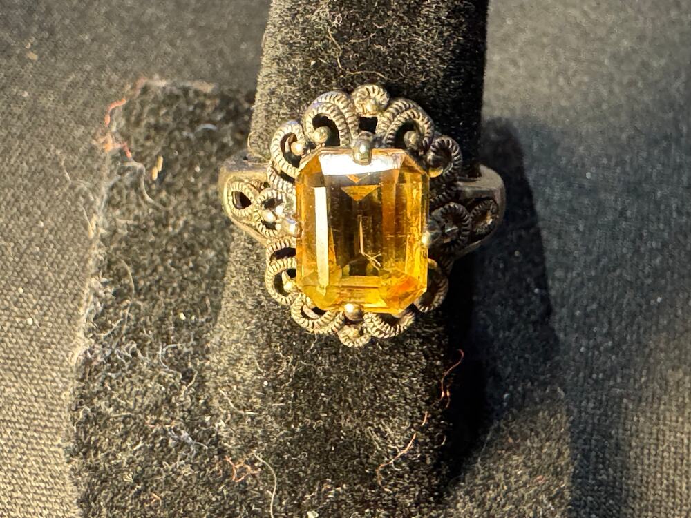925 Sterling Silver Art Deco Filigree Ring Size 7 Citrine Stone